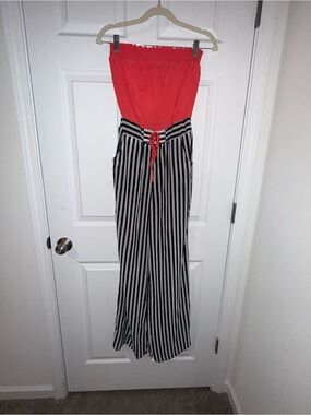 Marianne Strapless Jumpsuit M Coral Black White Stripe Wide Leg